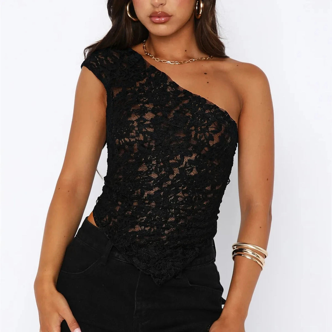 Women Y2K Fairy Lace Cami Top Sexy One Shoulder Sleeveless Sheer Mesh Lace Cropped Tank Top Coquette Aesthetic Clothes