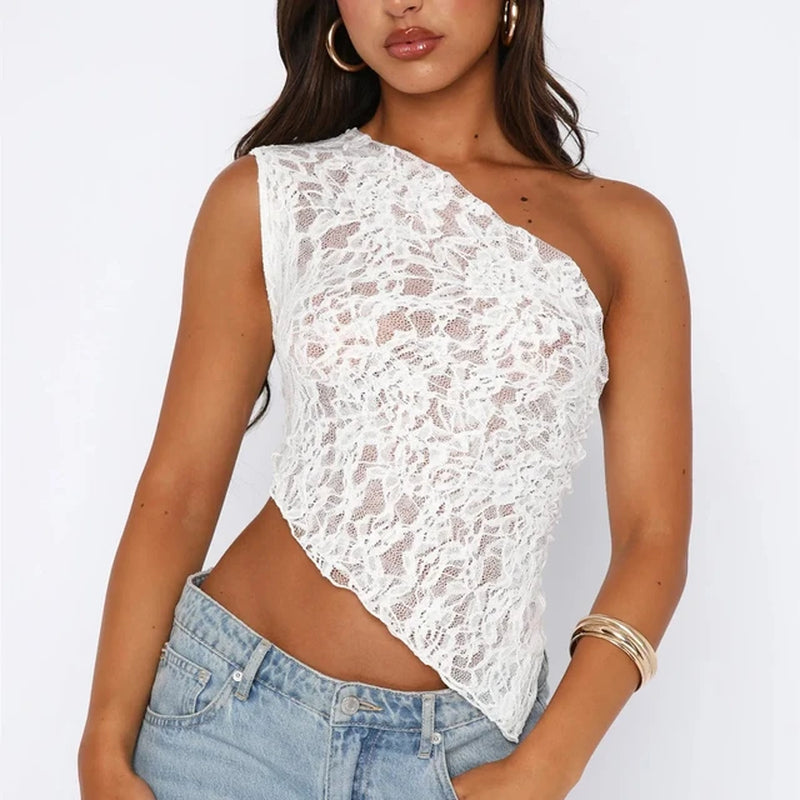 Women Y2K Fairy Lace Cami Top Sexy One Shoulder Sleeveless Sheer Mesh Lace Cropped Tank Top Coquette Aesthetic Clothes